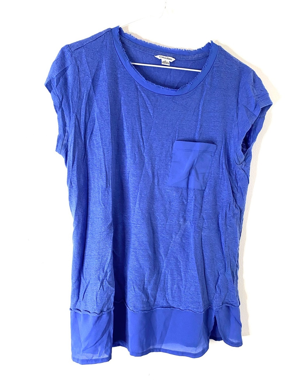 Calvin Klein Blue 100% Linen Layered Pocket Top Sheer Hem Short Sleeve
